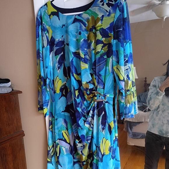 Kate and Lily Womens Sz 14W Green/Blue Floral sheer long sleeve Dress - Picture 2 of 11